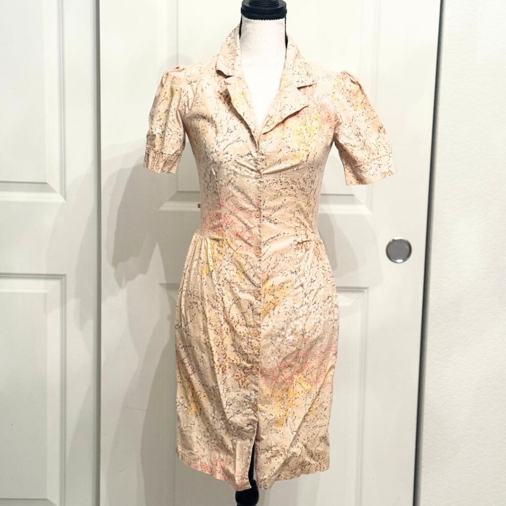 LUX Retro Peach Floral Button-Down Sheath Dress Puff Sleeves (Cotton), XS